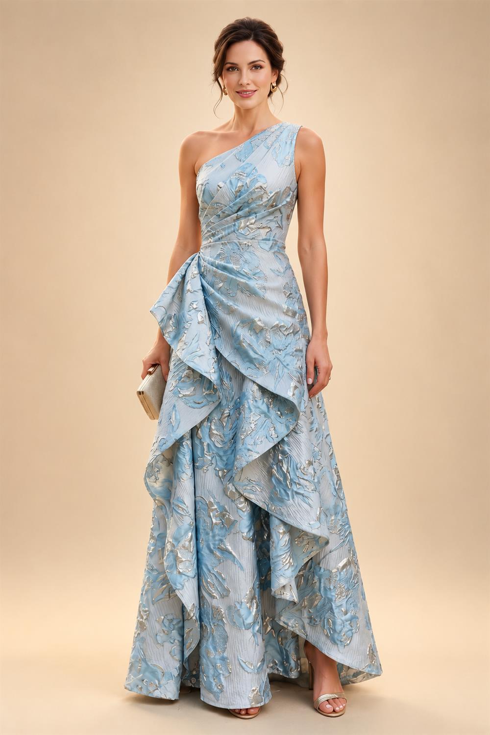 A-Line/Princess V-Neck Satin Floor-Length Mother of the Bride & Groom Dresses with?Jacquard Bolero?Jacket & Pleats (SHI22501695)