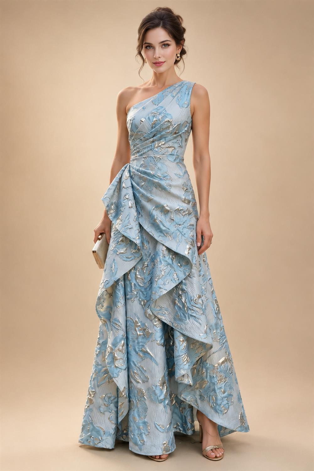 Floral Print A-Line/Princess Scoop Neck Tea-Length Mother of the Bride & Groom Dresses with Tiered Layers & Ruched Waist (SHI22501120)