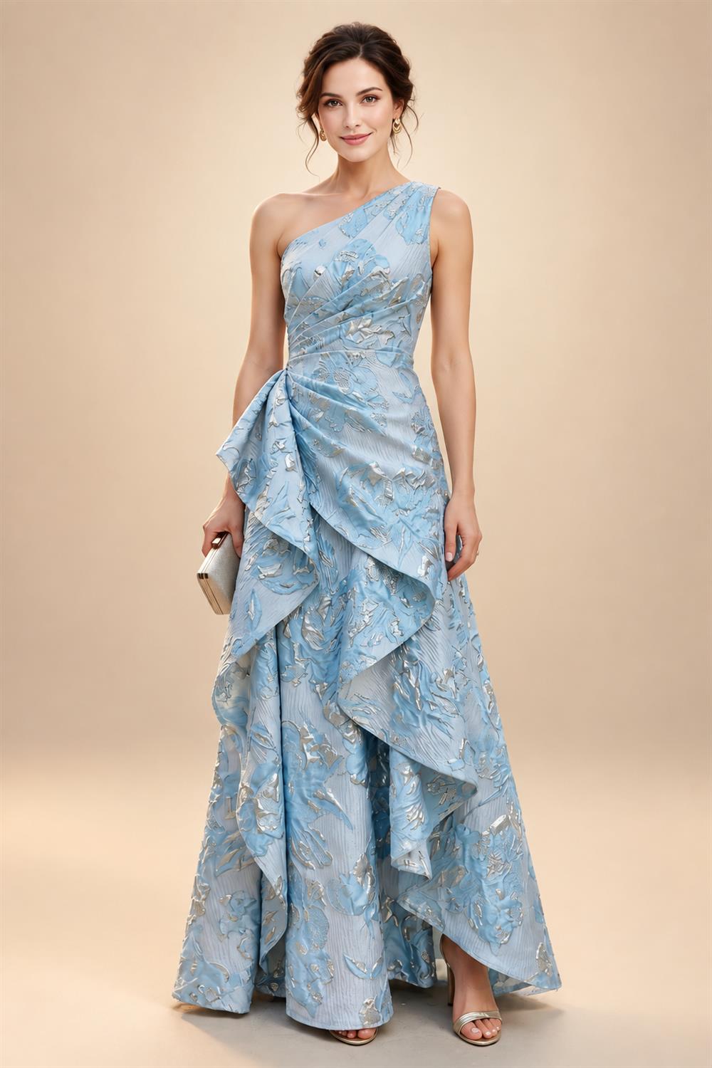 Pantsuit Scoop Neck Satin Maxi Mother of the Bride Pantsuits with Fluffy Feather Trim Cuffs (SHI22501692)