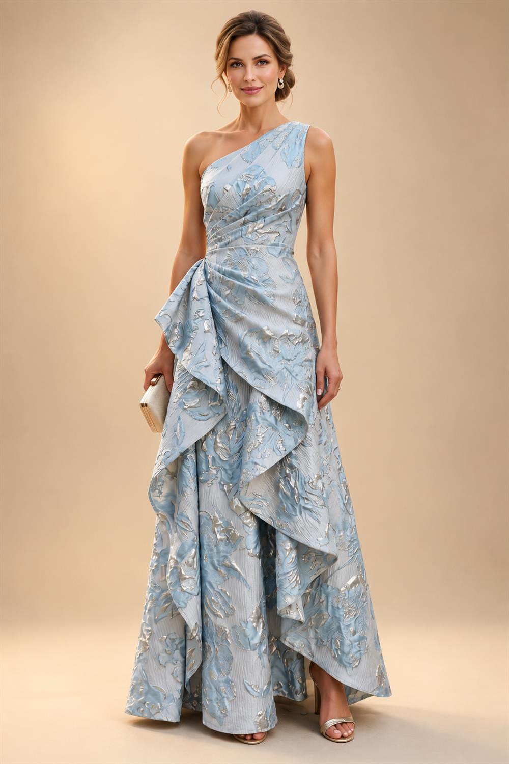 A-Line/Princess One Shoulder Tea-Length Mother of the Bride & Groom Dresses with Ruffles & Ruched Waist (SHI22501283)