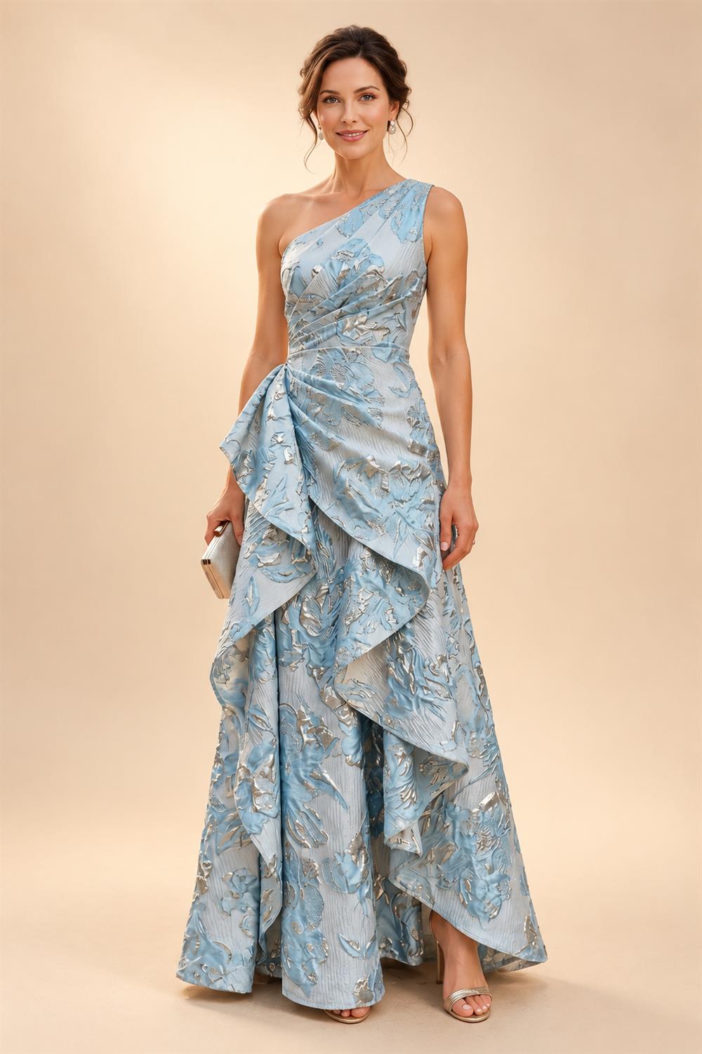 A-Line/Princess One Shoulder Chiffon Floor-Length Mother of the Bride & Groom Dresses with Lace Appliques, Sweep Train & Side Sash (SHI22501663)