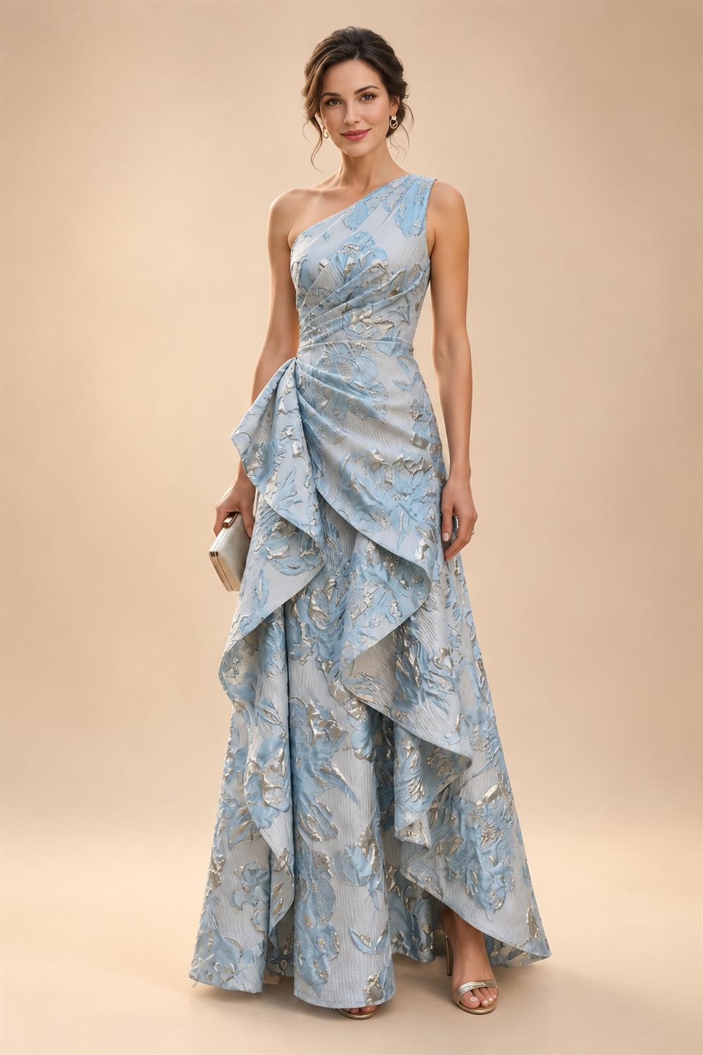 A-Line/Princess Scoop Neck Satin High-Low Mother of the Bride & Groom Dresses with Sequin Floral & Pleats (SHI22501631)