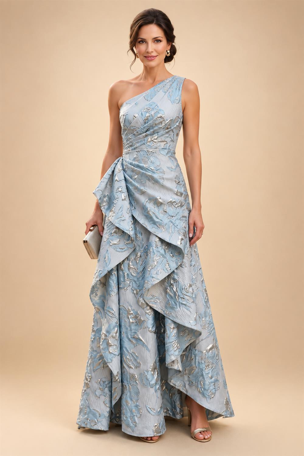 Cape Sleeve Floral Jacquard Satin Tea-Length Ruched Mother of the Bride Dresses 2 Piece (SHIA22500528)