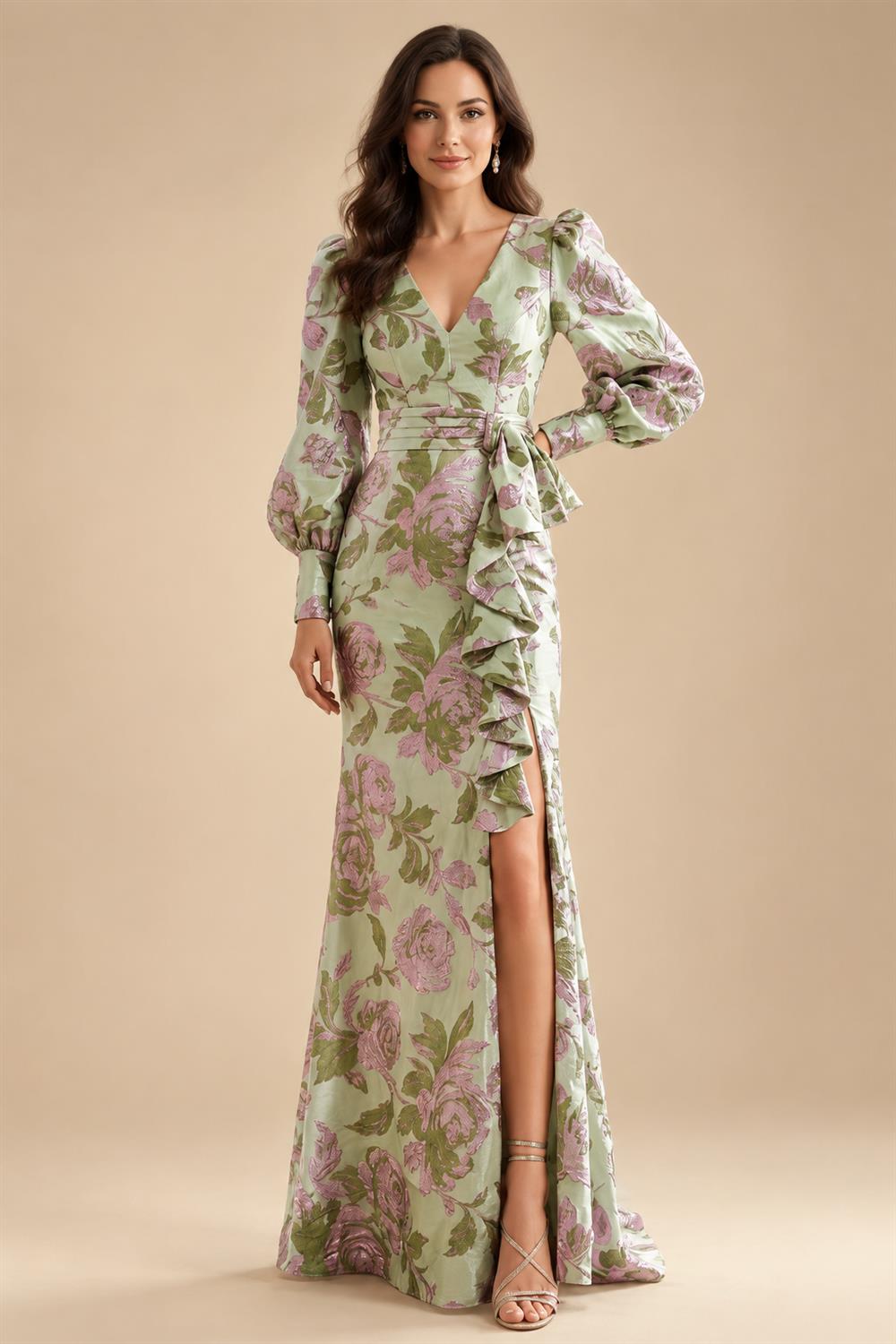 A-Line/Princess V-Neck Floral Embroidery Maxi Mother of the Bride & Groom Dresses with Ruched Waist (SHI22501624)