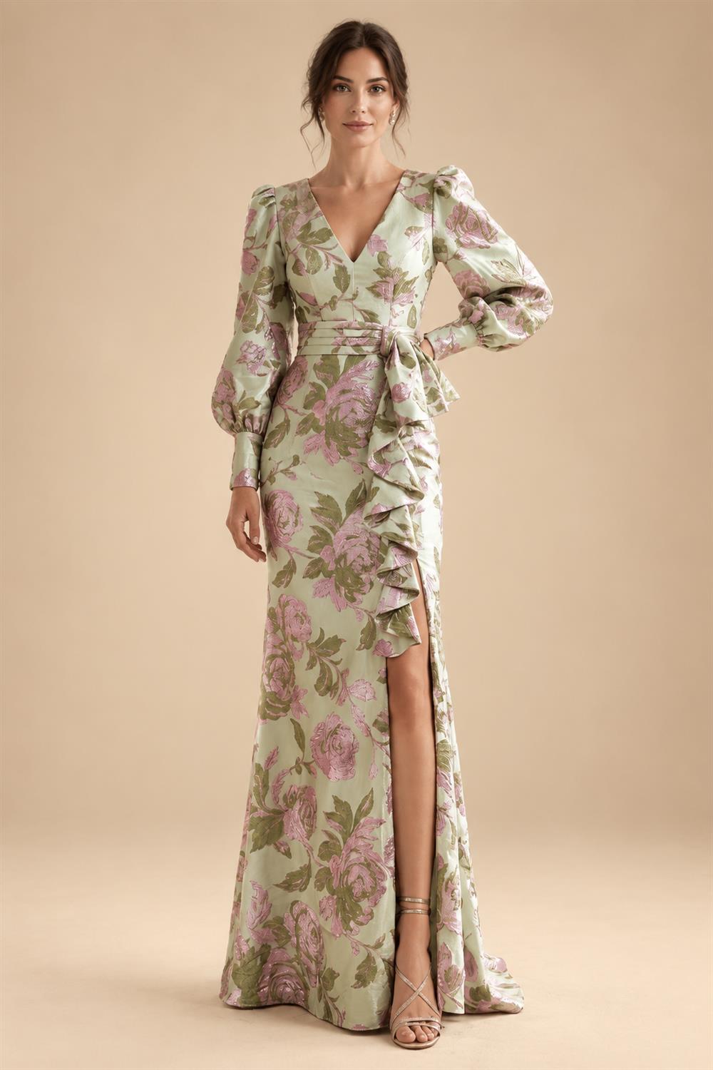 A-Line/Princess V-Neck Chiffon Maxi Mother of the Bride & Groom Dresses with Ruffles, Slit, Ruched Waist & Rhinestones (SHI22501628)