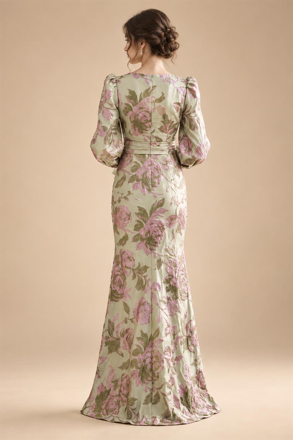 Sheath/Column V-Neck Jacquard Maxi Mother of the Bride & Groom Dresses with Ruffles & Slit (SHI25001047)