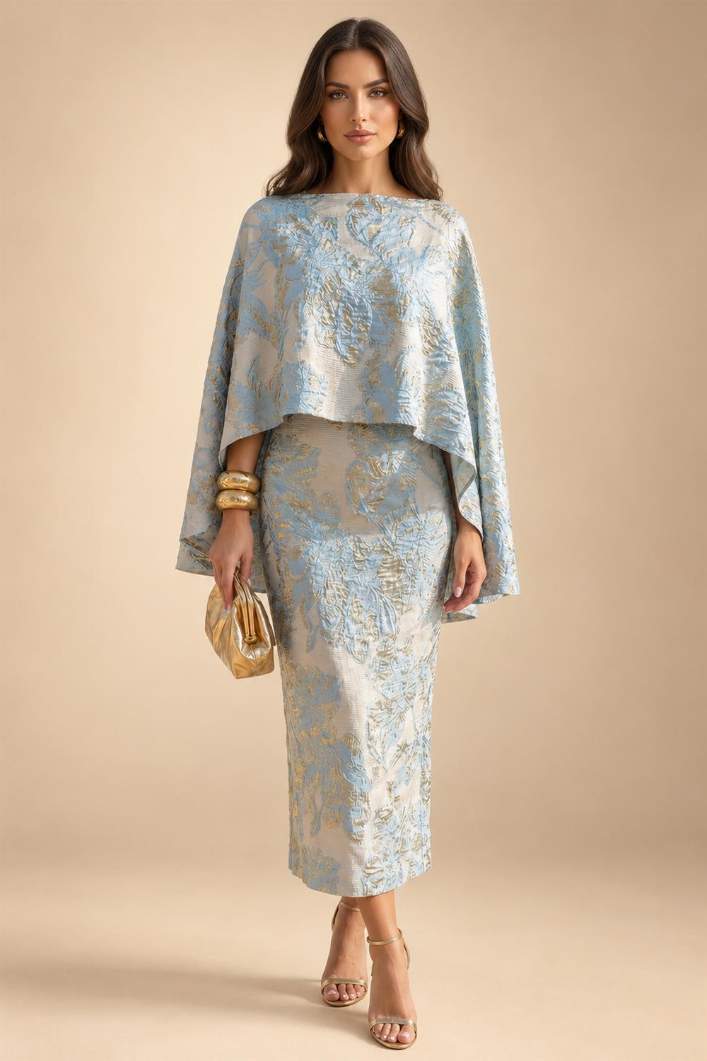 Cape Sleeve Jacquard Satin Ruched Mother of the Bride Dresses 2 Piece (SHI22500528)