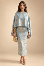 Cape Sleeve Jacquard Satin Ruched Mother of the Bride Dresses 2 Piece (SHI22500528)