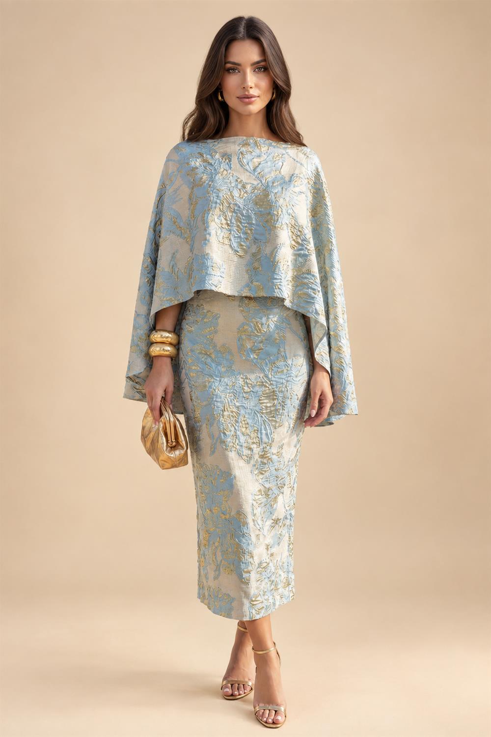 Cape Sleeve Floral Jacquard Satin Tea-Length Ruched Mother of the Bride Dresses 2 Piece (SHIA22500528)