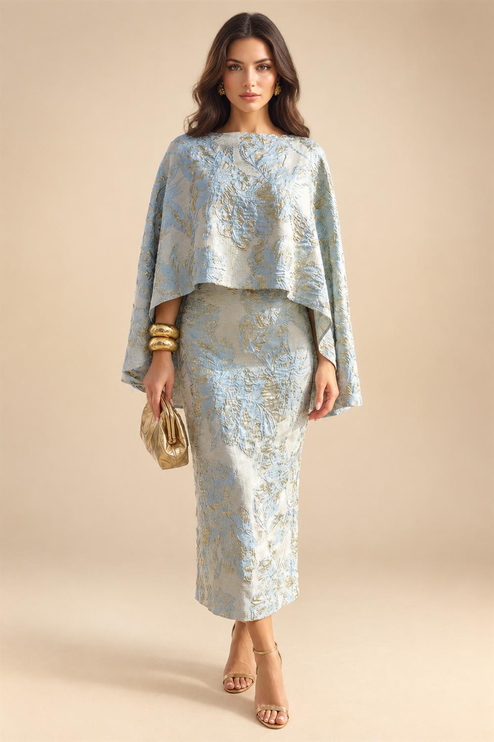 Cape Sleeve Jacquard Satin Ruched Mother of the Bride Dresses 2 Piece (SHI22500528)