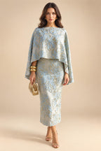 Cape Sleeve Jacquard Satin Ruched Mother of the Bride Dresses 2 Piece (SHI22500528)