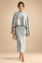 Cape Sleeve Floral Jacquard Satin Tea-Length Ruched Mother of the Bride Dresses 2 Piece (SHIA22500528)