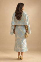 Cape Sleeve Floral Jacquard Satin Tea-Length Ruched Mother of the Bride Dresses 2 Piece (SHIA22500528)