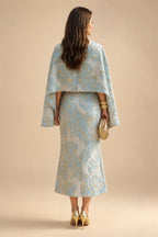 Cape Sleeve Floral Jacquard Satin Tea-Length Ruched Mother of the Bride Dresses 2 Piece (SHIA22500528)