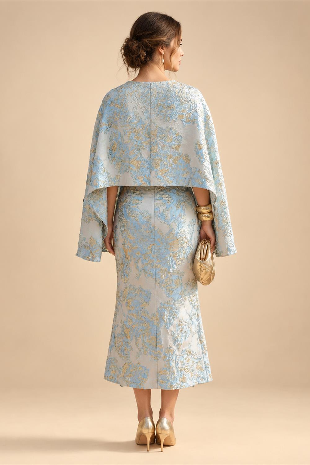 Cape Sleeve Jacquard Satin Ruched Mother of the Bride Dresses 2 Piece (SHI22500528)