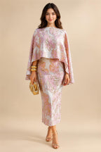 Cape Sleeve Floral Jacquard Satin Tea-Length Ruched Mother of the Bride Dresses 2 Piece (SHIA22500528)
