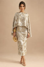 Cape Sleeve Floral Jacquard Satin Tea-Length Ruched Mother of the Bride Dresses 2 Piece (SHIA22500528)