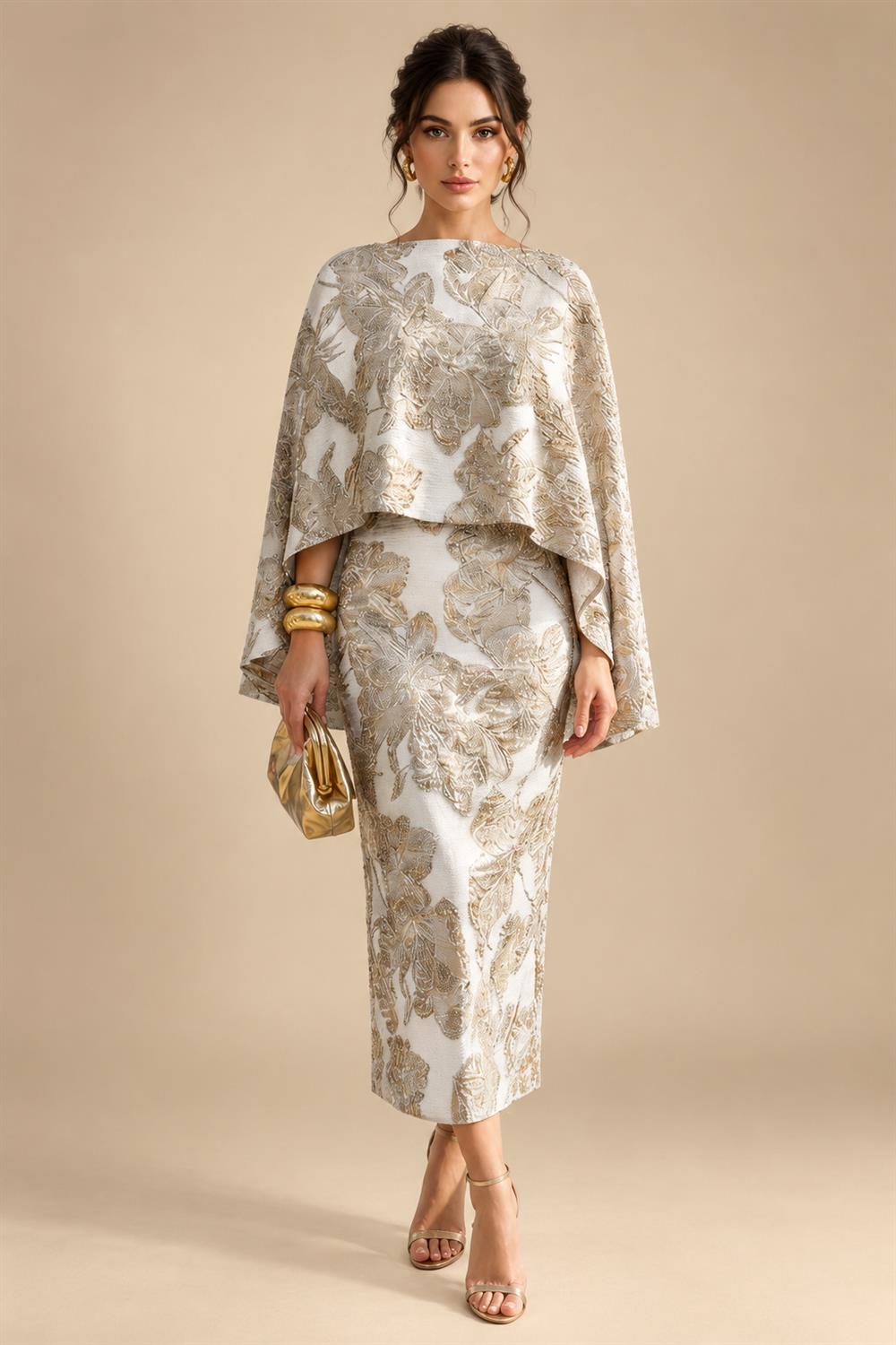 Cape Sleeve Floral Jacquard Satin Tea-Length Ruched Mother of the Bride Dresses 2 Piece (SHIA22500528)