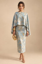 Cape Sleeve Floral Jacquard Satin Tea-Length Ruched Mother of the Bride Dresses 2 Piece (SHIA22500528)