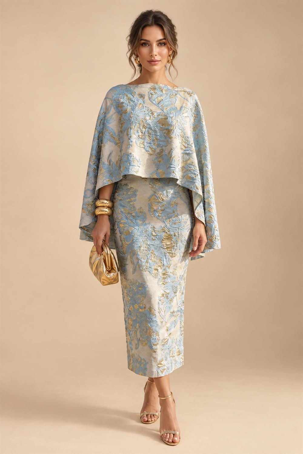 Cape Sleeve Floral Jacquard Satin Tea-Length Ruched Mother of the Bride Dresses 2 Piece (SHIA22500528)