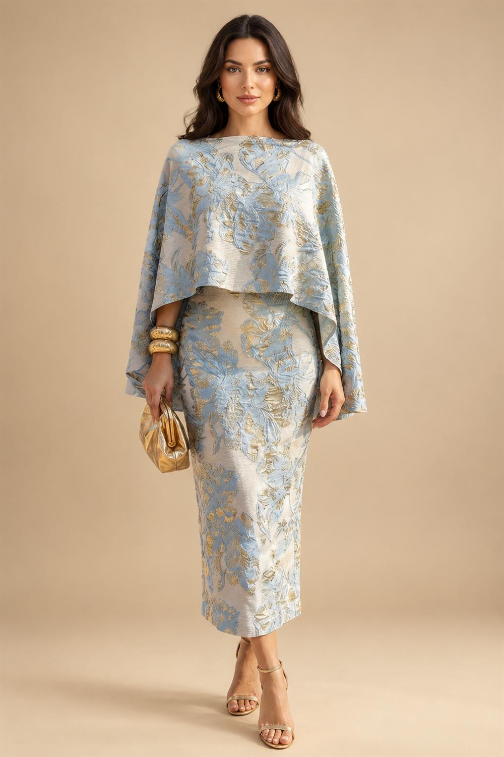 Cape Sleeve Floral Jacquard Satin Tea-Length Ruched Mother of the Bride Dresses 2 Piece (SHIA22500528)