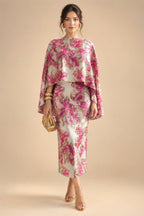 Cape Sleeve Floral Jacquard Satin Tea-Length Ruched Mother of the Bride Dresses 2 Piece (SHIA22500528)
