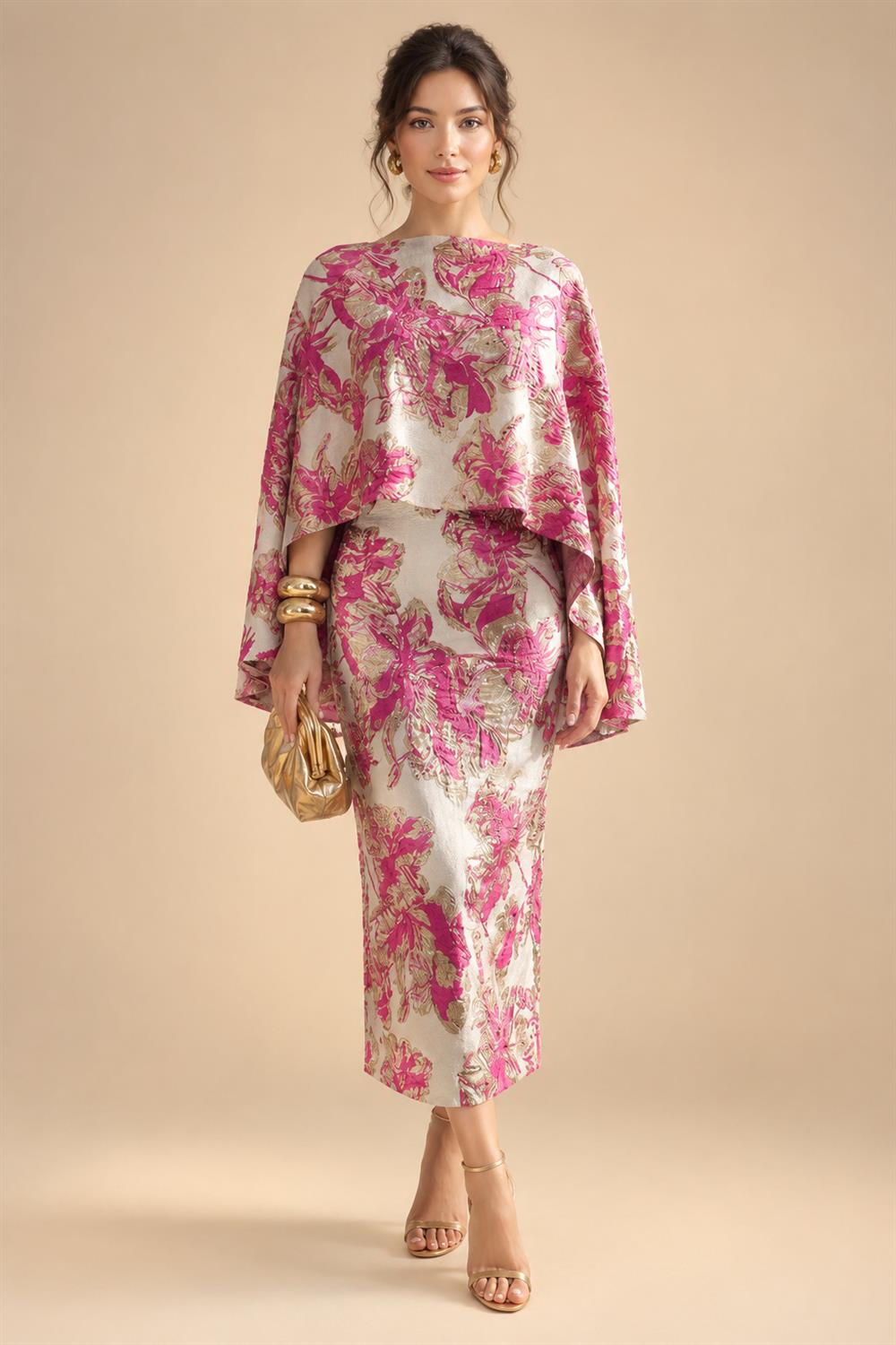 Cape Sleeve Floral Jacquard Satin Tea-Length Ruched Mother of the Bride Dresses 2 Piece (SHIA22500528)