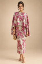 Cape Sleeve Floral Jacquard Satin Tea-Length Ruched Mother of the Bride Dresses 2 Piece (SHIA22500528)