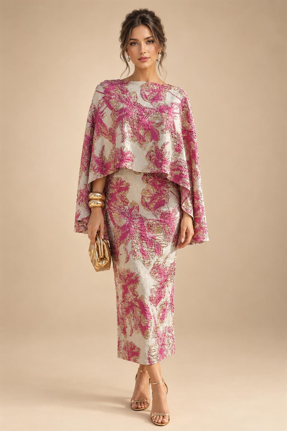 Cape Sleeve Floral Jacquard Satin Tea-Length Ruched Mother of the Bride Dresses 2 Piece (SHIA22500528)