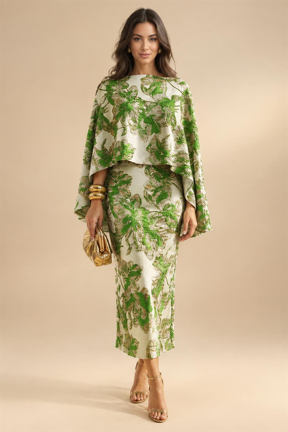 Cape Sleeve Floral Jacquard Satin Tea-Length Ruched Mother of the Bride Dresses 2 Piece (SHIA22500528)