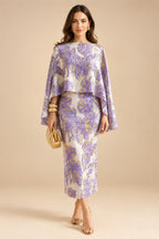 Cape Sleeve Floral Jacquard Satin Tea-Length Ruched Mother of the Bride Dresses 2 Piece (SHIA22500528)