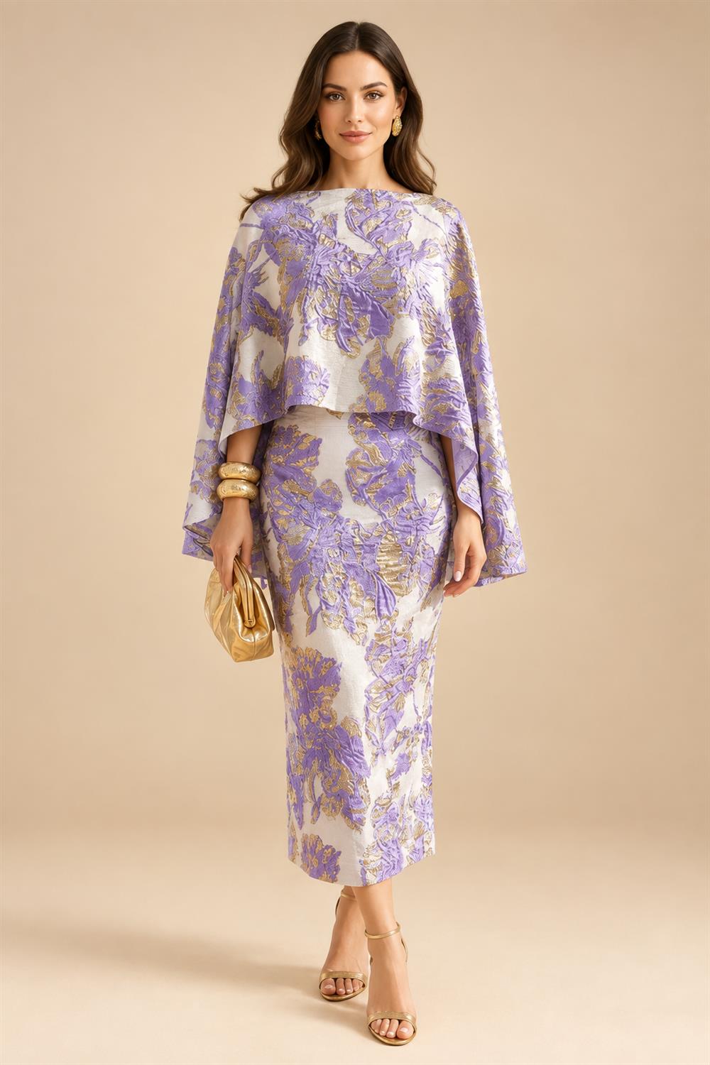 Cape Sleeve Floral Jacquard Satin Tea-Length Ruched Mother of the Bride Dresses 2 Piece (SHIA22500528)