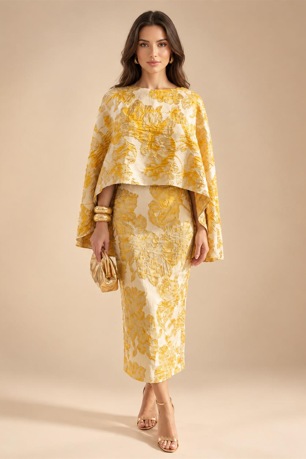 Cape Sleeve Floral Jacquard Satin Tea-Length Ruched Mother of the Bride Dresses 2 Piece (SHIA22500528)