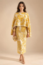 Cape Sleeve Floral Jacquard Satin Tea-Length Ruched Mother of the Bride Dresses 2 Piece (SHIA22500528)