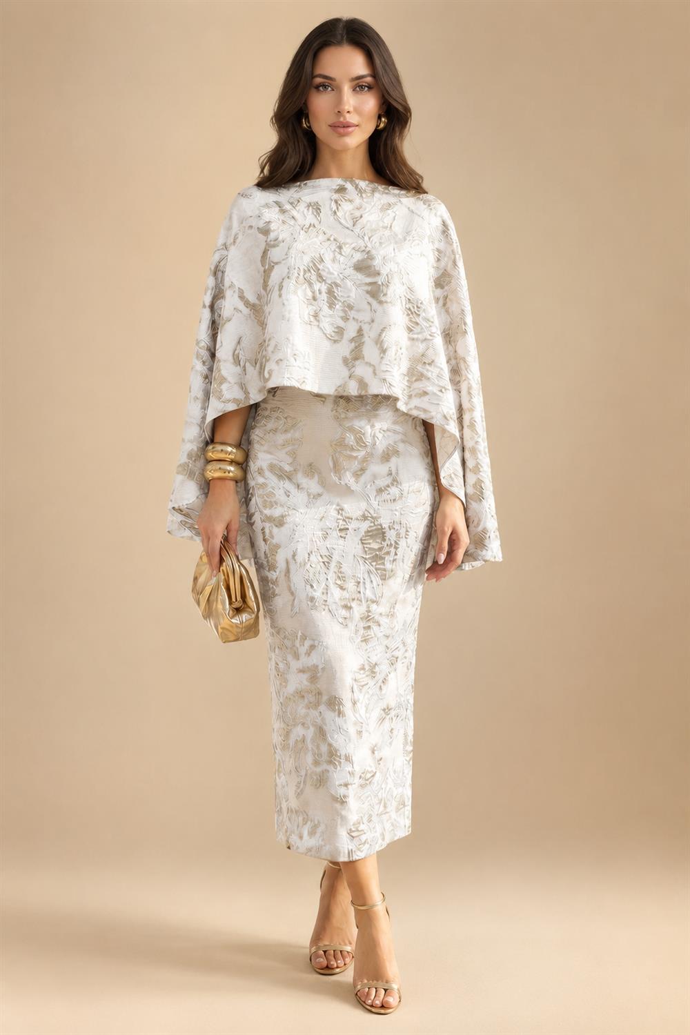 Cape Sleeve Floral Jacquard Satin Tea-Length Ruched Mother of the Bride Dresses 2 Piece (SHIA22500528)