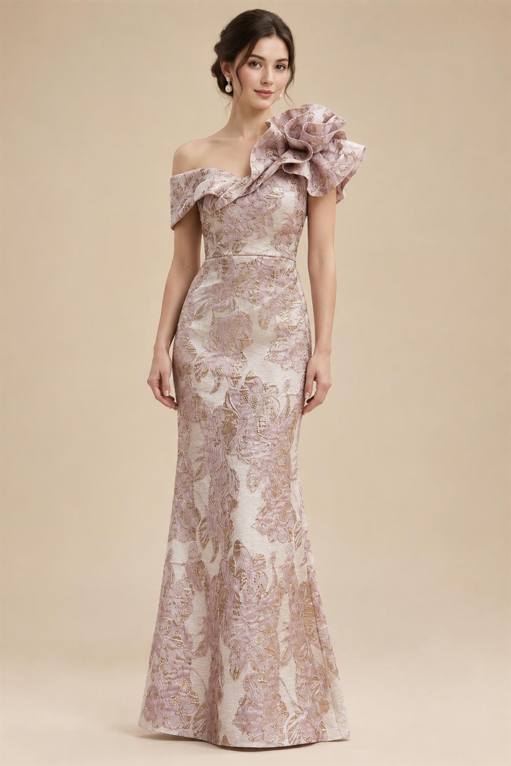 Sheath Floral Jacquard Off Shoulder Mother of the Bride & Groom Dresses with Flower (SHI22500777)