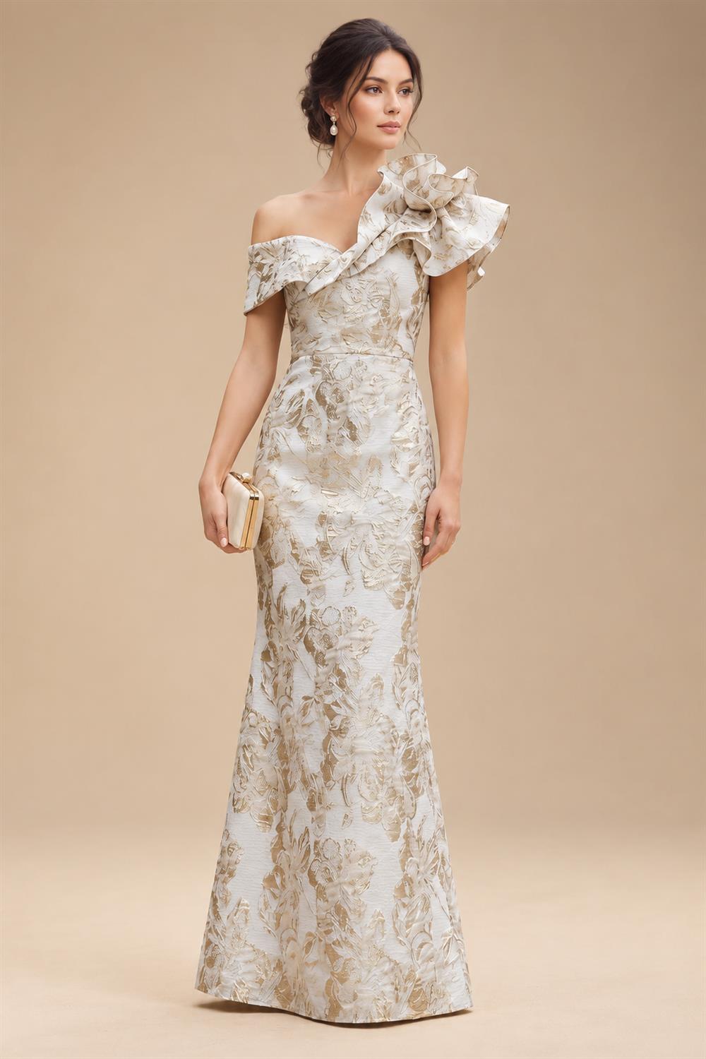 Sheath Floral Jacquard Off Shoulder Mother of the Bride & Groom Dresses with Flower (SHI22500777)