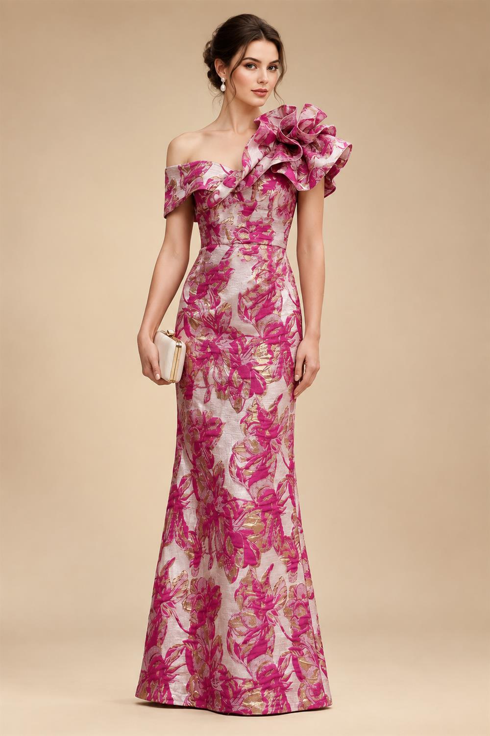 Sheath Floral Jacquard Off Shoulder Mother of the Bride & Groom Dresses with Flower (SHI22500777)