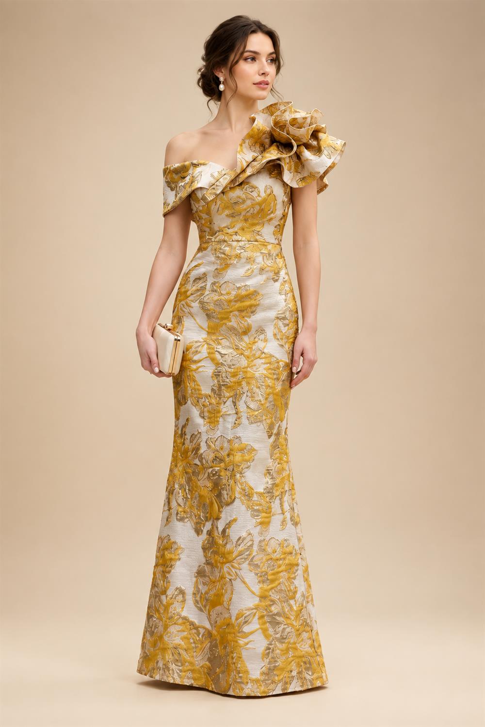 Sheath Floral Jacquard Off Shoulder Mother of the Bride & Groom Dresses with Flower (SHI22500777)