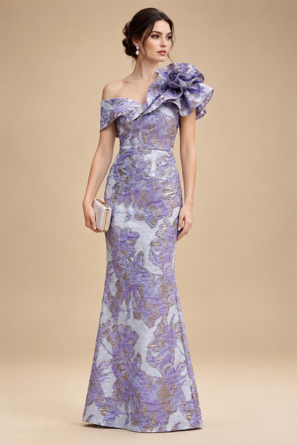 Sheath Floral Jacquard Off Shoulder Mother of the Bride & Groom Dresses with Flower (SHI22500777)