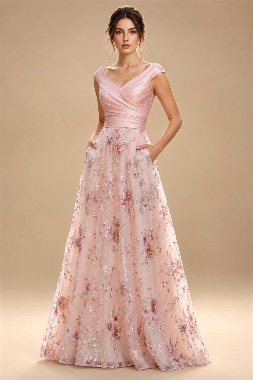 A-Line Floral Sequin Lace Floor-Length Mother of the Bride & Groom Dresses with Ruched Satin Bodice (SHI22500639)