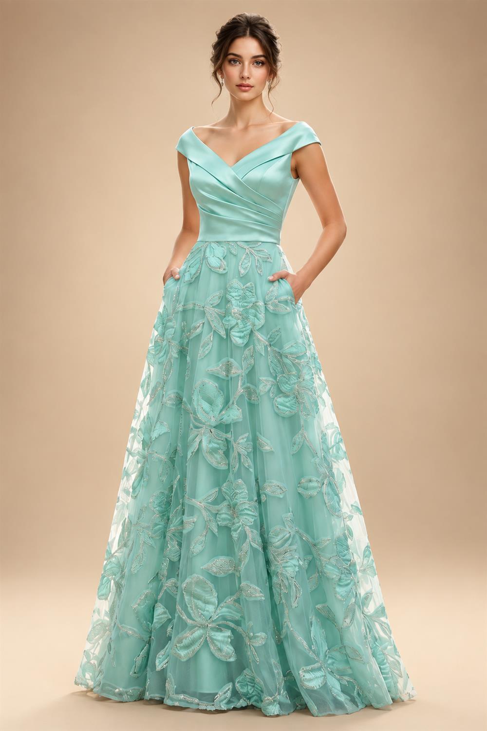 A-Line Floral Sequin Lace Floor-Length Mother of the Bride & Groom Dresses with Ruched Satin Bodice (SHI22500639)