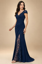 A-Line/Princess Scoop Neck Cap Sleeve Floor-Length Mother of the Bride Dresses with Lace Applique (SHI22500008)