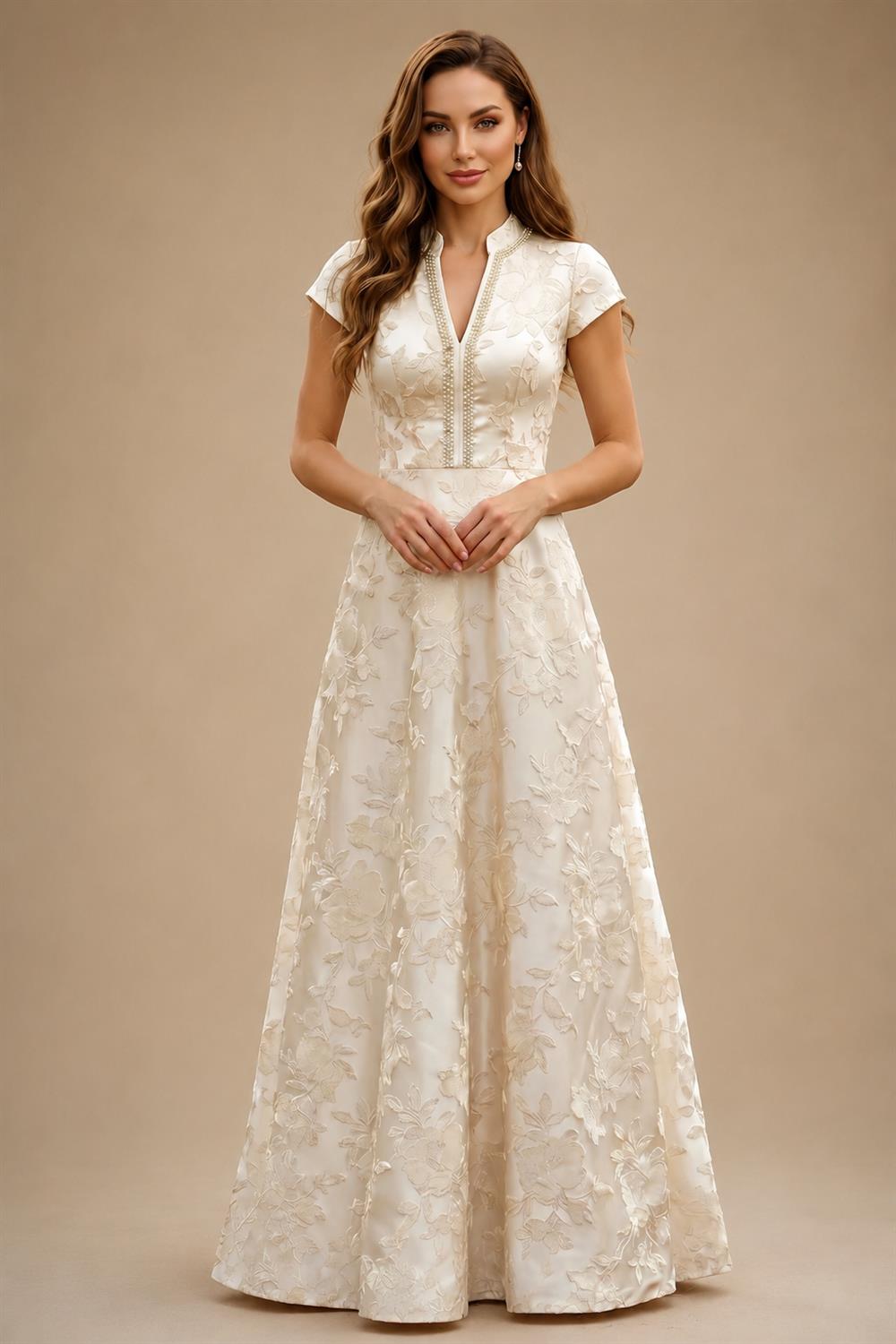 Satin V Neck Floral Print A Line Mother of the Bride Dresses (SHIR1110445)