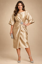 A-Line Metallic Satin Off Shoulder Bow Mother of the Bride & Groom Dresses with Floral Lace Appliques, Ruched Waist & Sweep Train (SHI22500425)