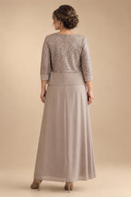 2-Piece A-Line Chiffon 3/4 Sleeves Mother of the Bride & Groom Dresses with Scalloped V-Neck Lace Bodice (SHI22500637)