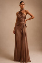Sheath/Column Asymmetric Neck Satin Maxi Mother of the Bride & Groom Dresses with Side Sash, Slit & Ruched Waist (SHI22501643)