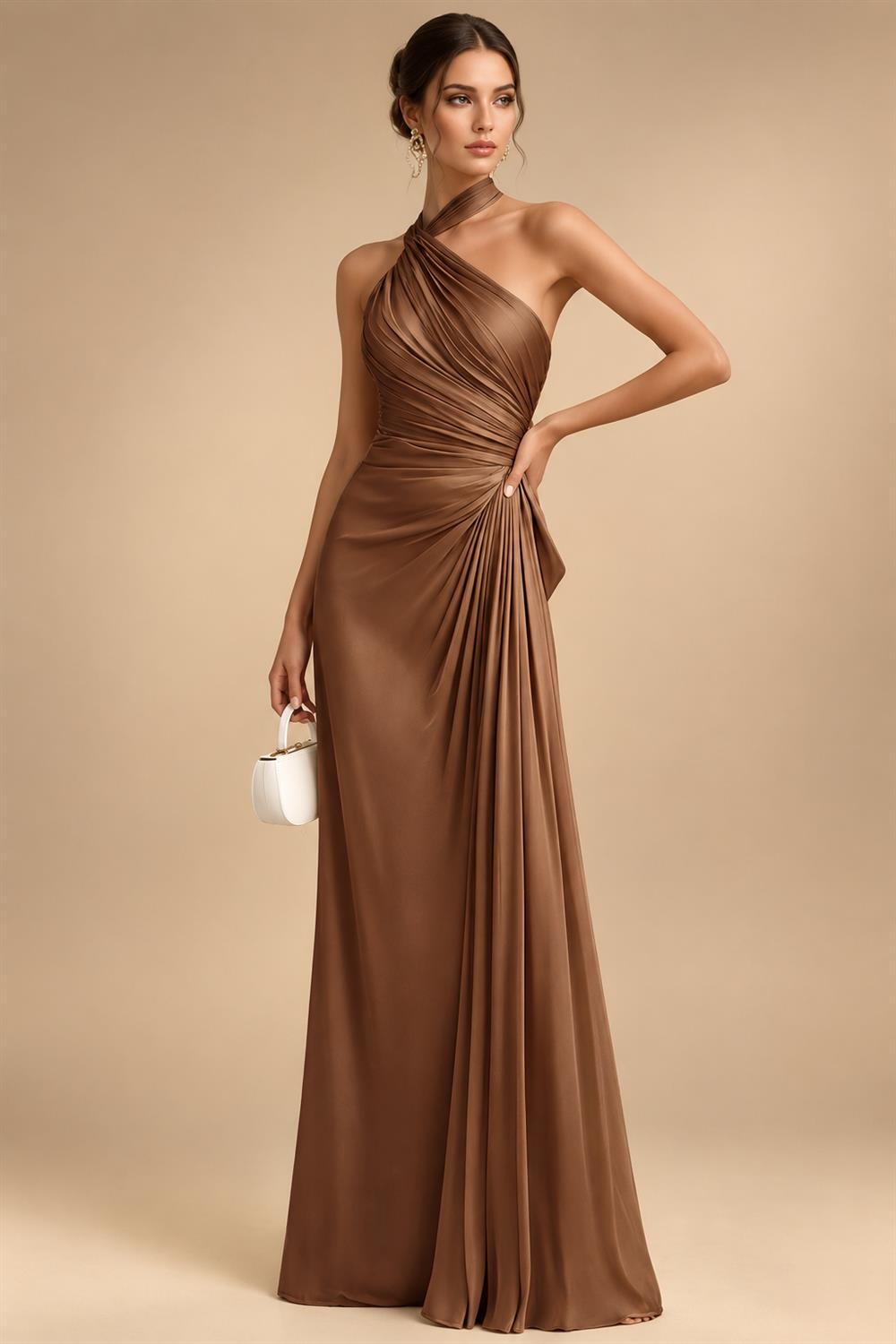 Cape Sleeve Jacquard Satin Ruched Mother of the Bride Dresses (SHI22500526)