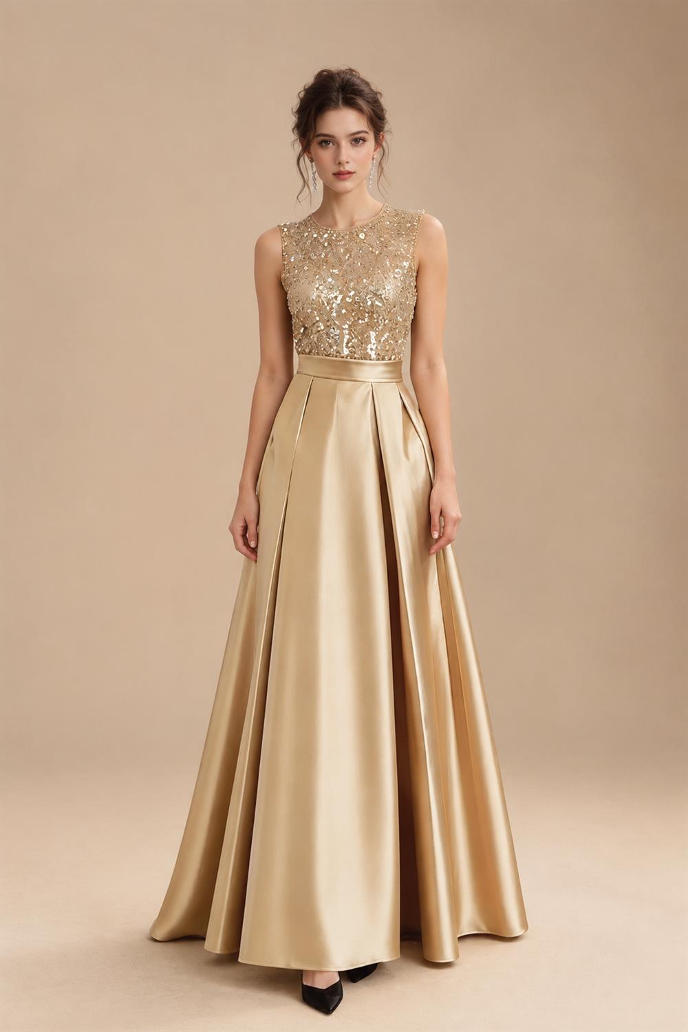 A-Line/Princess Scoop Neck Pleated Satin Evening Dresses with Sequins (SHI22500066)