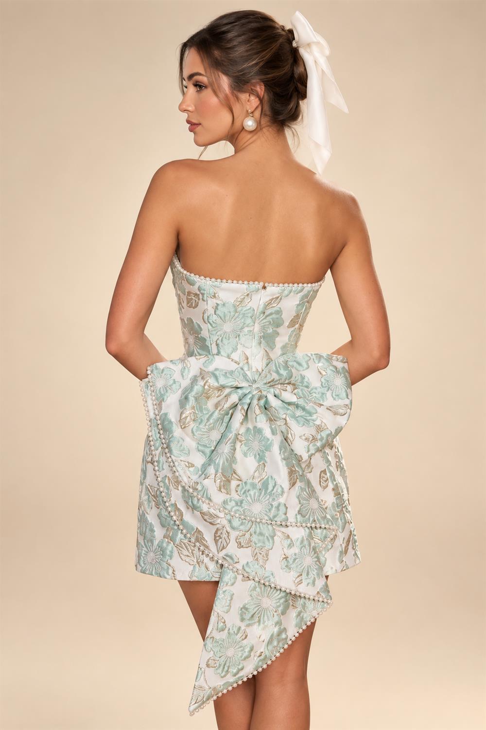 Jacquard A-Line/Princess Strapless Mini Homecoming Dresses with Bow & Pearls (SHI22370329)